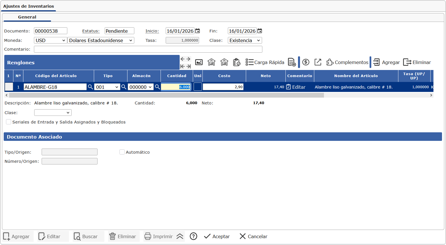 Pantalla de Ajustes de Inventarios