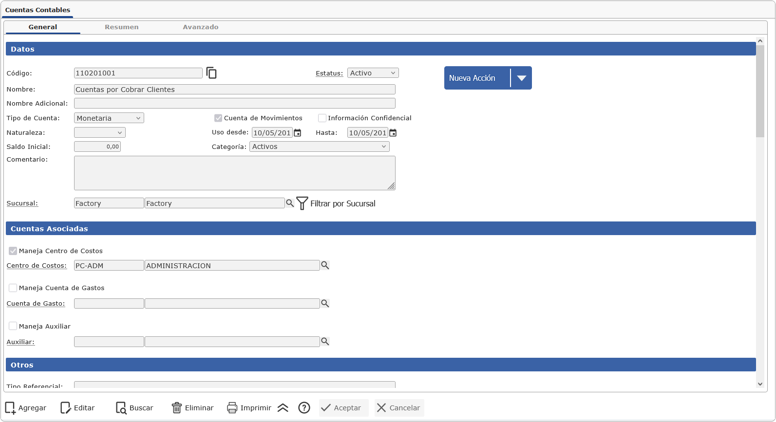 Pantalla de Cuentas Contables