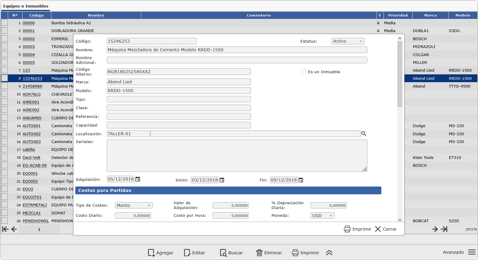 Pantalla de Protocolos de Mantenimiento