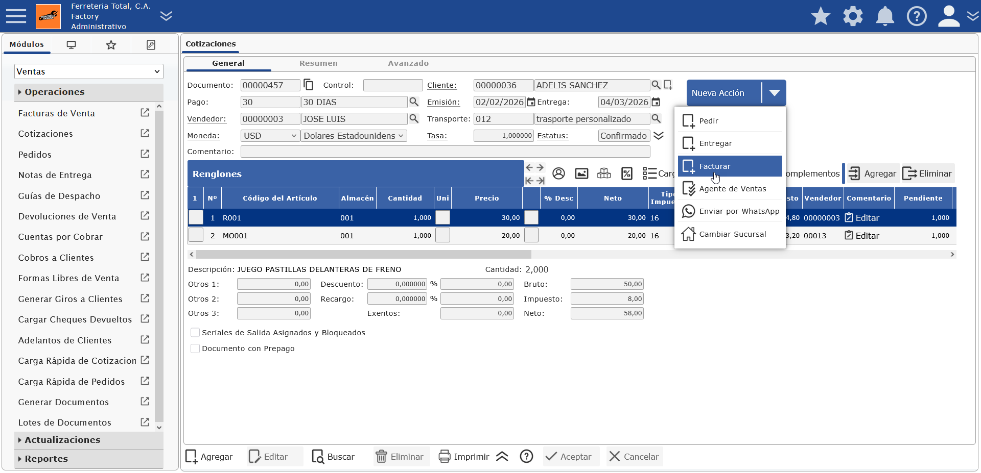 Pantalla de Facturación