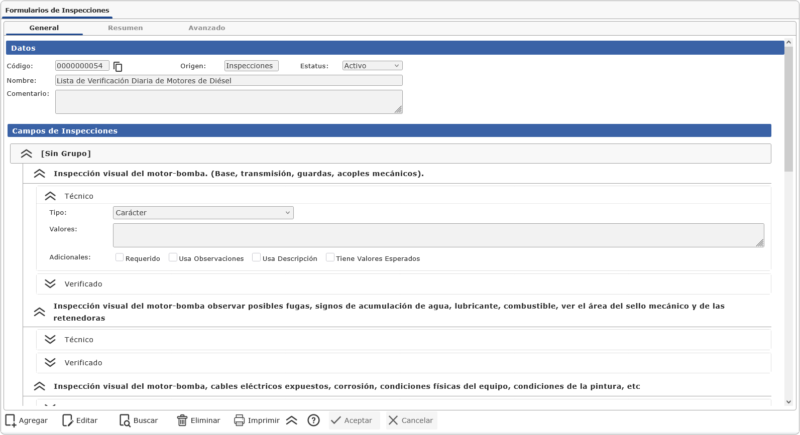 Pantalla de Formularios de Inspección