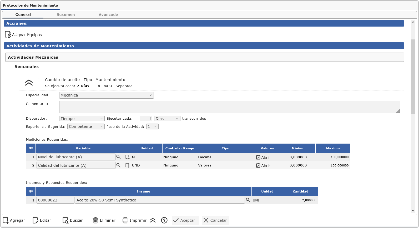 Pantalla de Protocolos de Mantenimiento