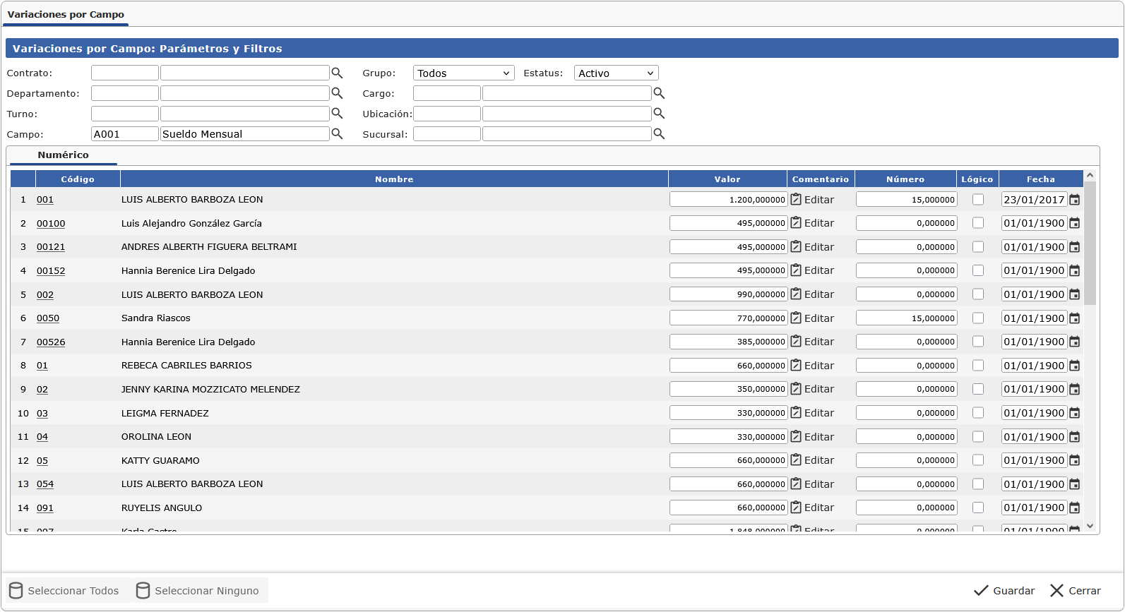 Pantalla de Variaciones de Trabajadores