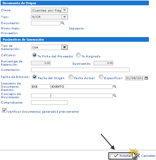 Pantalla Generar Retención a Notas de Crédito