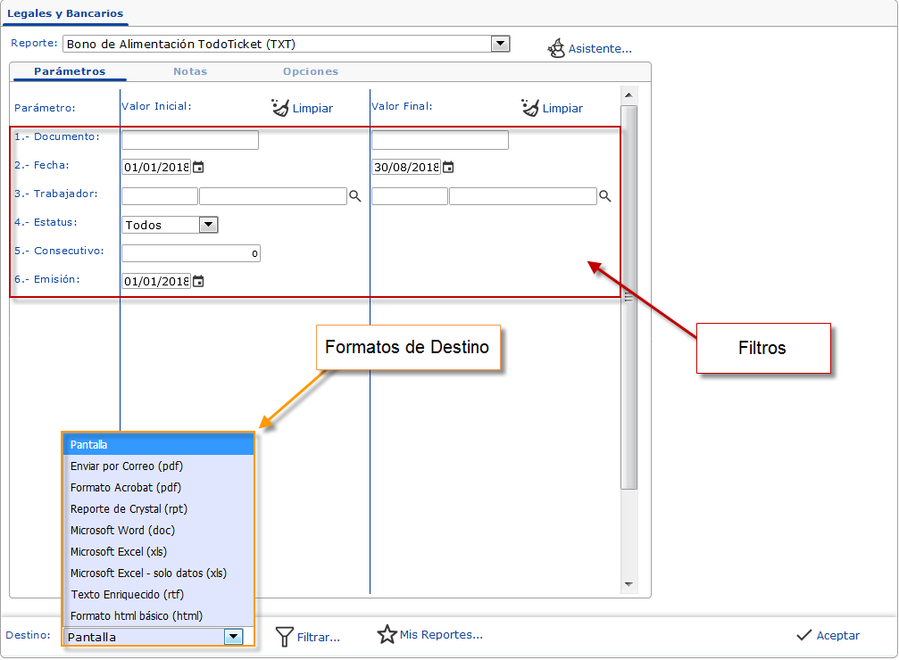 Filtros y formatos de destino